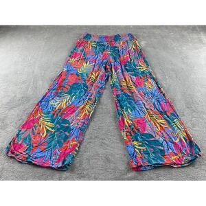 Kona Sol Womens Medium Tropical Palm Print Smocked Wide Leg Cover Up Pants Pink